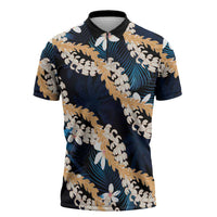 Puakenikeni Maile Lei Zipper Polo Shirt Frangipani Blue Tropical Leaves