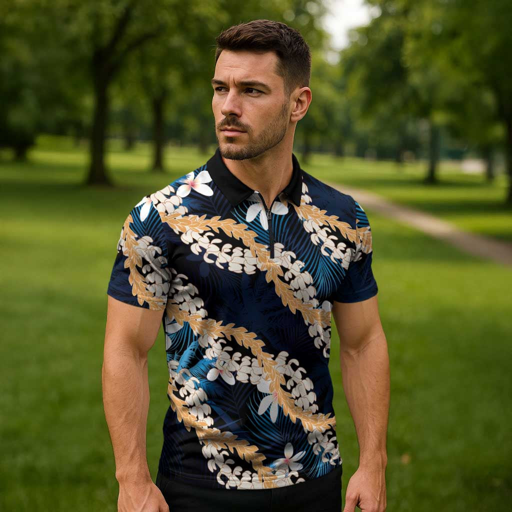 Puakenikeni Maile Lei Zipper Polo Shirt Frangipani Blue Tropical Leaves