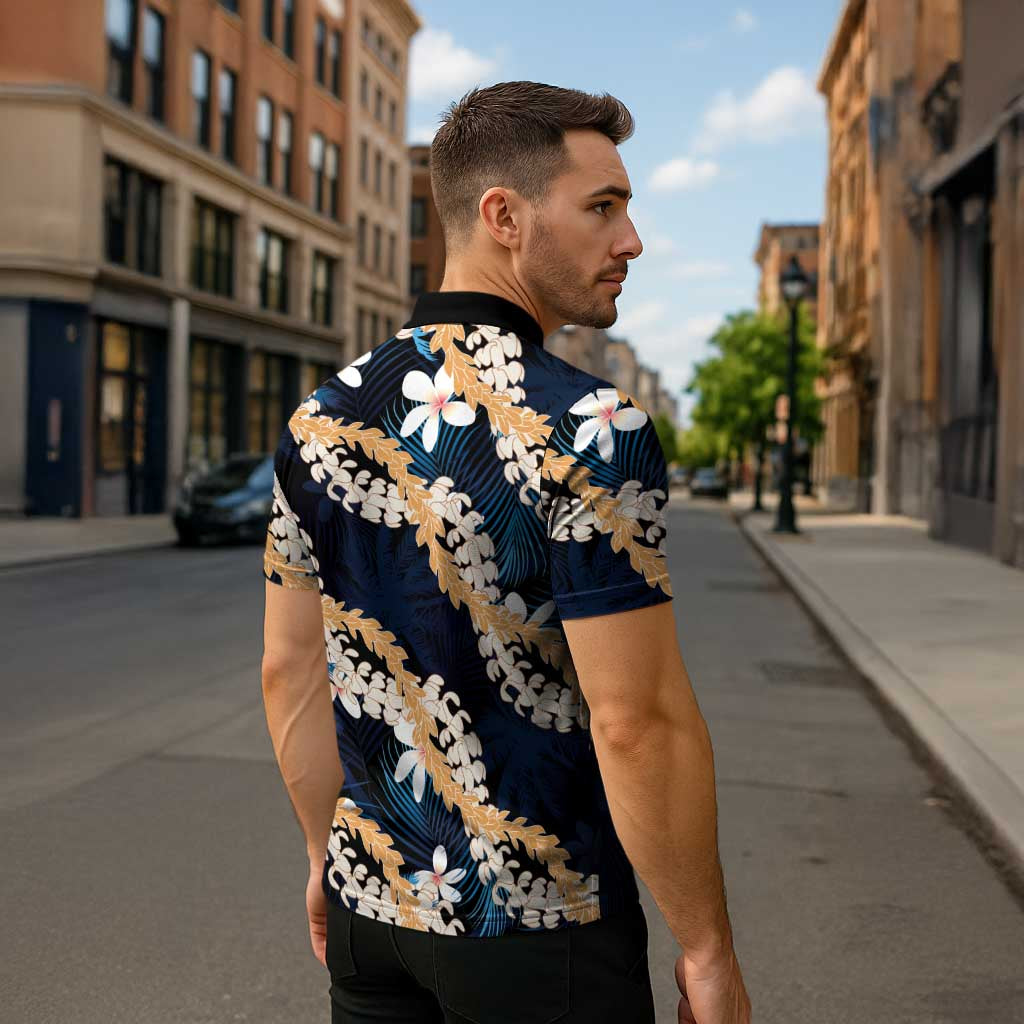Puakenikeni Maile Lei Zipper Polo Shirt Frangipani Blue Tropical Leaves