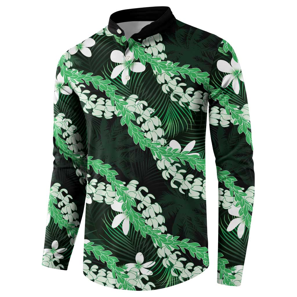 Puakenikeni Maile Lei Button Sweatshirt Frangipani Green Tropical Leaves