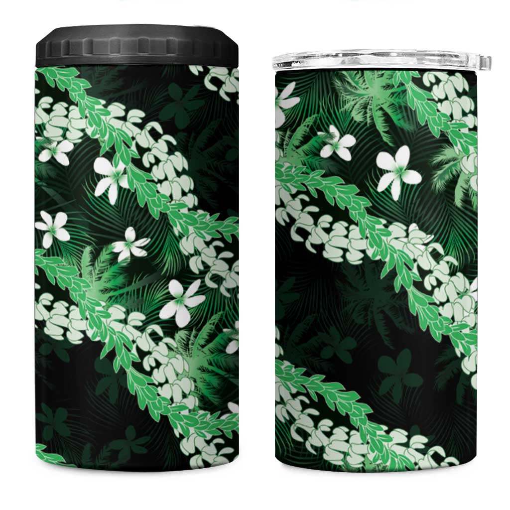 Puakenikeni Maile Lei 4 in 1 Can Cooler Tumbler Frangipani Green Tropical Leaves