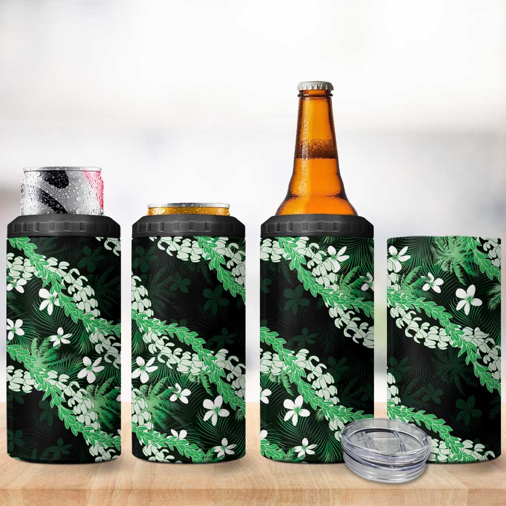 Puakenikeni Maile Lei 4 in 1 Can Cooler Tumbler Frangipani Green Tropical Leaves