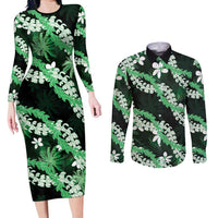 Puakenikeni Maile Lei Couples Matching Long Sleeve Bodycon Dress and Long Sleeve Button Shirt Frangipani Green Tropical Leaves LT01 Green - Polynesian Pride