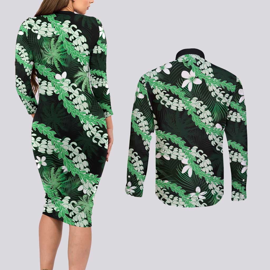 Puakenikeni Maile Lei Couples Matching Long Sleeve Bodycon Dress and Long Sleeve Button Shirt Frangipani Green Tropical Leaves LT01 - Polynesian Pride