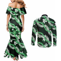 Puakenikeni Maile Lei Couples Matching Mermaid Dress and Long Sleeve Button Shirt Frangipani Green Tropical Leaves LT01 - Polynesian Pride