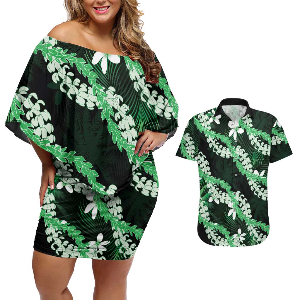 Puakenikeni Maile Lei Couples Matching Off Shoulder Short Dress and Hawaiian Shirt Frangipani Green Tropical Leaves LT01 Green - Polynesian Pride