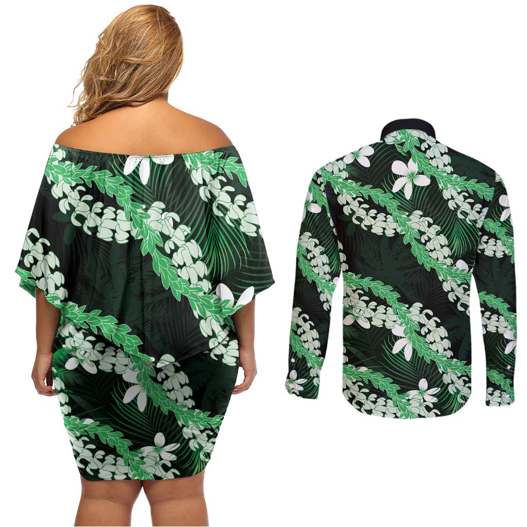 Puakenikeni Maile Lei Couples Matching Off Shoulder Short Dress and Long Sleeve Button Shirt Frangipani Green Tropical Leaves LT01 - Polynesian Pride