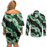 Puakenikeni Maile Lei Couples Matching Off Shoulder Short Dress and Long Sleeve Button Shirt Frangipani Green Tropical Leaves LT01 - Polynesian Pride