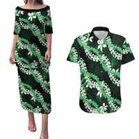 Puakenikeni Maile Lei Couples Matching Puletasi and Hawaiian Shirt Frangipani Green Tropical Leaves LT01 Green - Polynesian Pride
