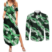 Puakenikeni Maile Lei Couples Matching Summer Maxi Dress and Long Sleeve Button Shirt Frangipani Green Tropical Leaves LT01 Green - Polynesian Pride