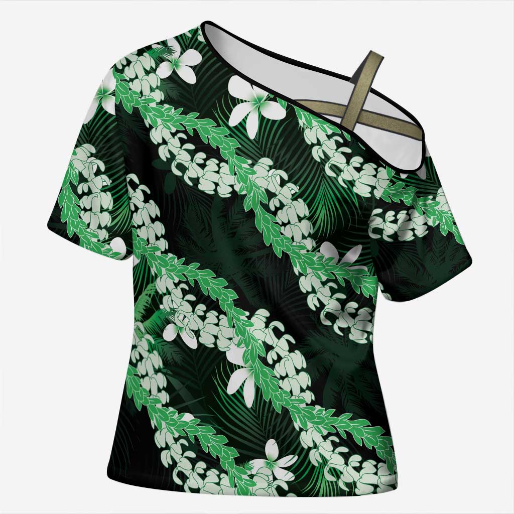 Puakenikeni Maile Lei Cross Shoulder Shirt Frangipani Green Tropical Leaves