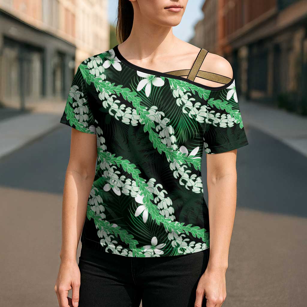 Puakenikeni Maile Lei Cross Shoulder Shirt Frangipani Green Tropical Leaves