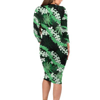 Puakenikeni Maile Lei Family Matching Long Sleeve Bodycon Dress and Hawaiian Shirt Frangipani Green Tropical Leaves LT01 - Polynesian Pride