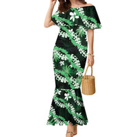 Puakenikeni Maile Lei Family Matching Mermaid Dress and Hawaiian Shirt Frangipani Green Tropical Leaves LT01 Mom's Dress Green - Polynesian Pride