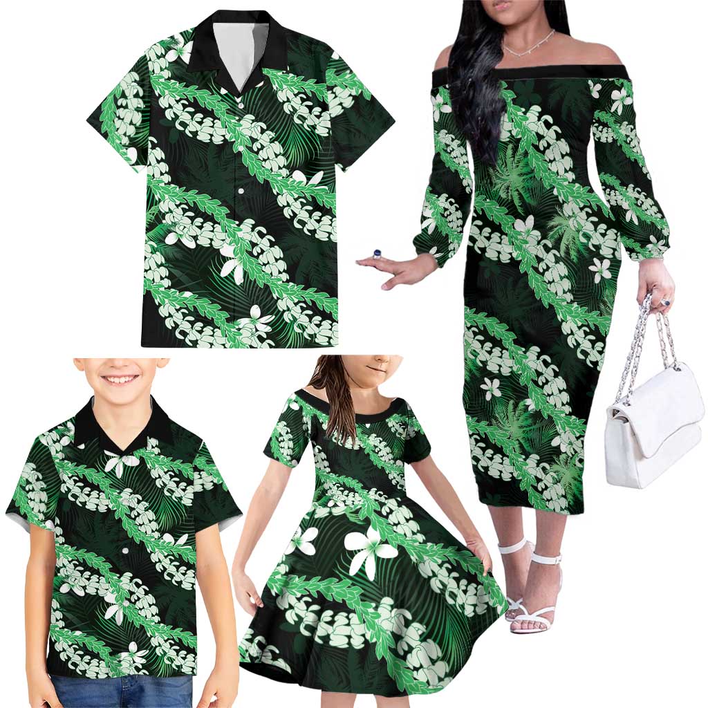 Puakenikeni Maile Lei Family Matching Off The Shoulder Long Sleeve Dress and Hawaiian Shirt Frangipani Green Tropical Leaves LT01 - Polynesian Pride