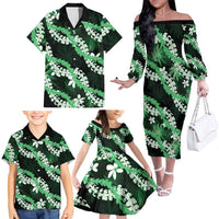 Puakenikeni Maile Lei Family Matching Off The Shoulder Long Sleeve Dress and Hawaiian Shirt Frangipani Green Tropical Leaves LT01 - Polynesian Pride