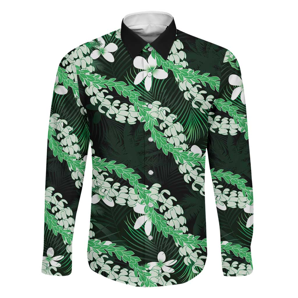 Puakenikeni Maile Lei Family Matching Off The Shoulder Long Sleeve Dress and Hawaiian Shirt Frangipani Green Tropical Leaves LT01 Dad's Shirt - Long Sleeve Green - Polynesian Pride