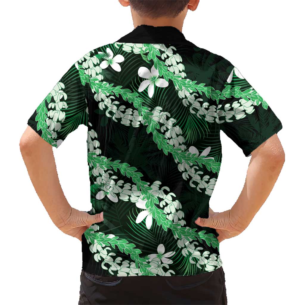 Puakenikeni Maile Lei Family Matching Off Shoulder Short Dress and Hawaiian Shirt Frangipani Green Tropical Leaves LT01 - Polynesian Pride