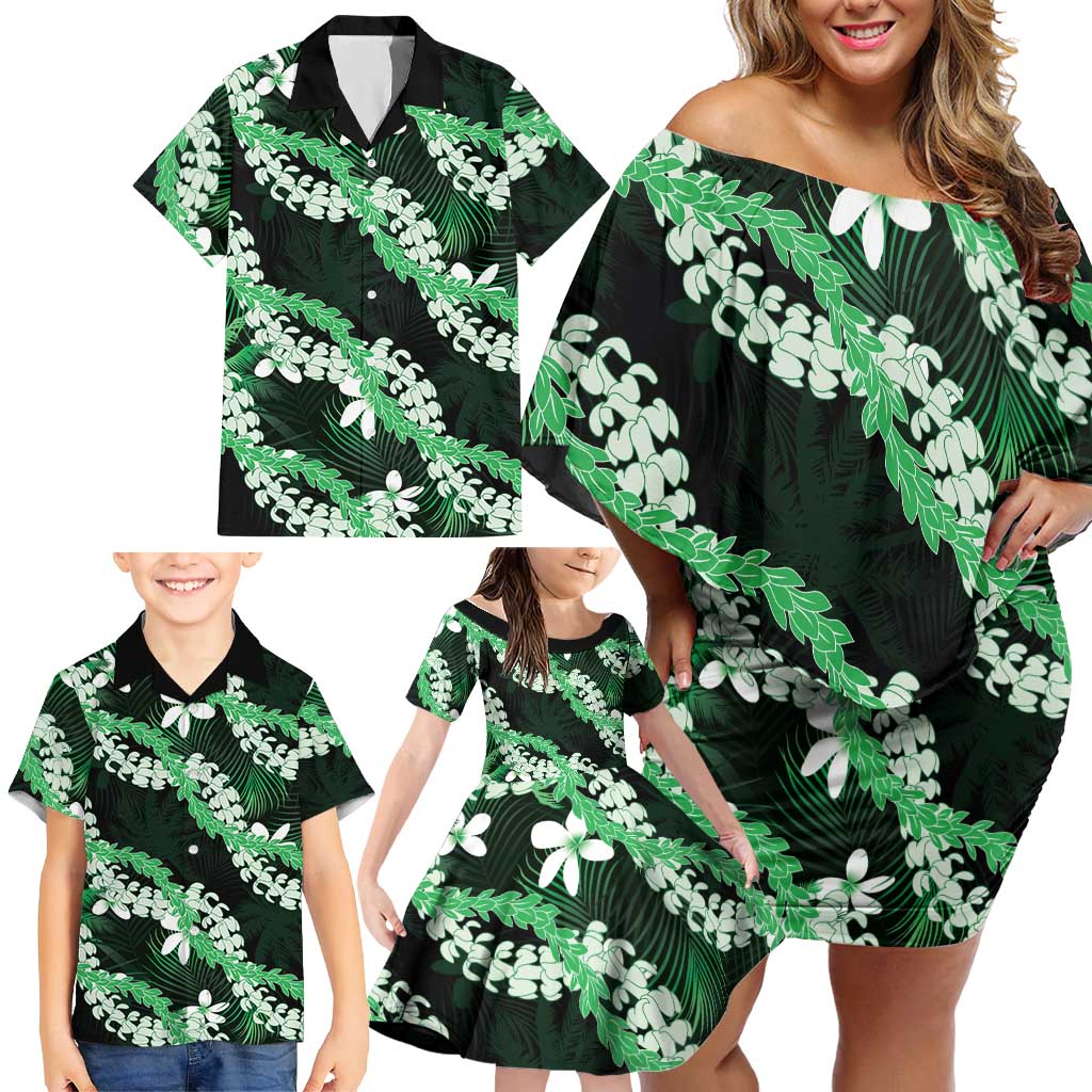 Puakenikeni Maile Lei Family Matching Off Shoulder Short Dress and Hawaiian Shirt Frangipani Green Tropical Leaves LT01 - Polynesian Pride