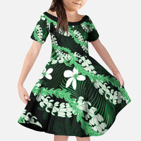 Puakenikeni Maile Lei Family Matching Short Sleeve Bodycon Dress and Hawaiian Shirt Frangipani Green Tropical Leaves LT01 Daughter's Dress Green - Polynesian Pride