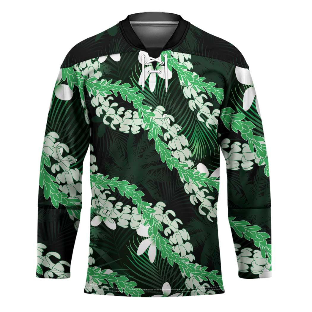 Puakenikeni Maile Lei Hockey Jersey Frangipani Green Tropical Leaves