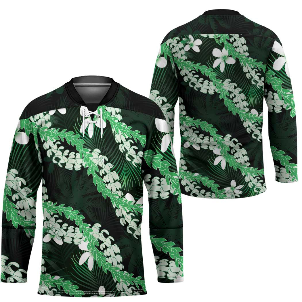 Puakenikeni Maile Lei Hockey Jersey Frangipani Green Tropical Leaves