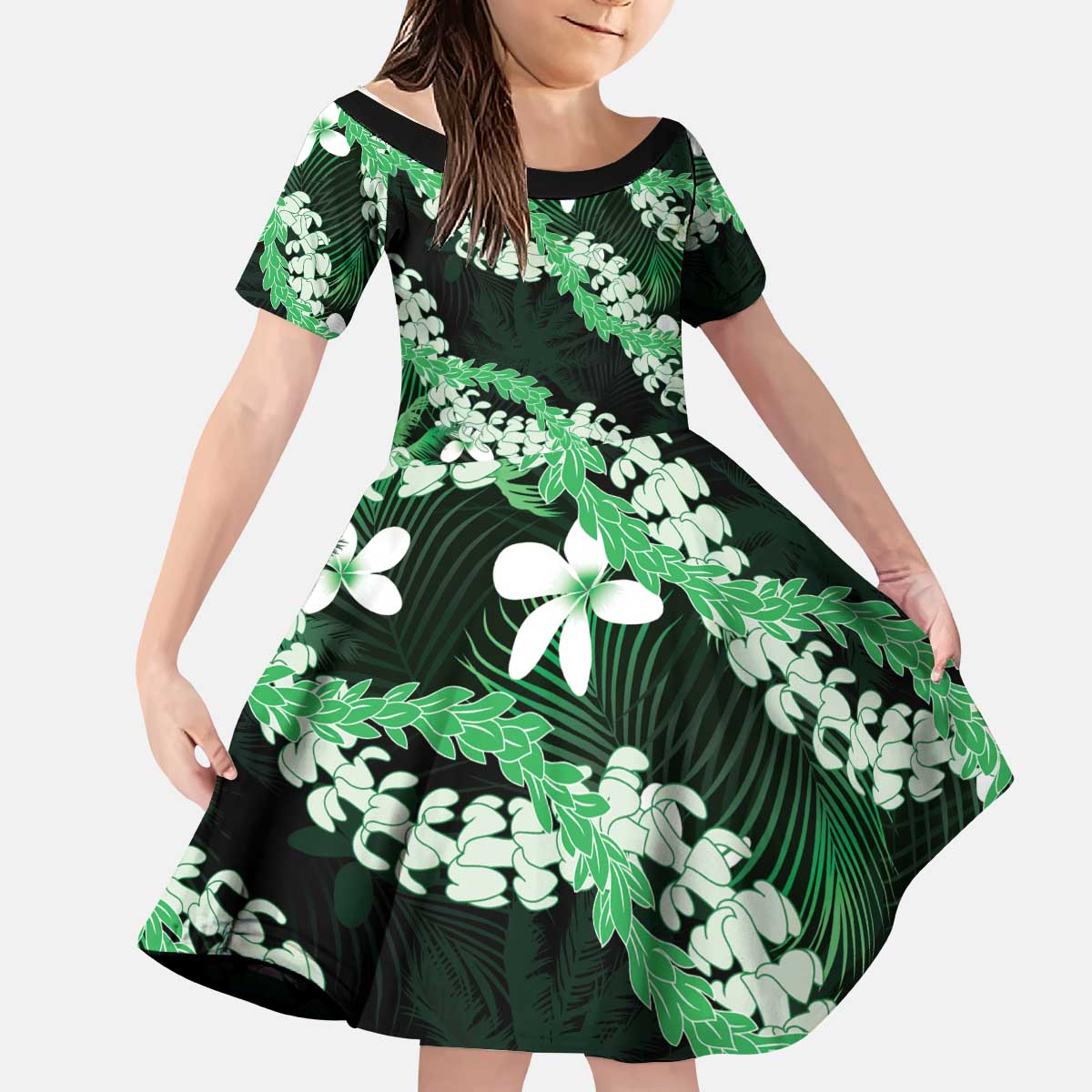 Puakenikeni Maile Lei Kid Short Sleeve Dress Frangipani Green Tropical Leaves