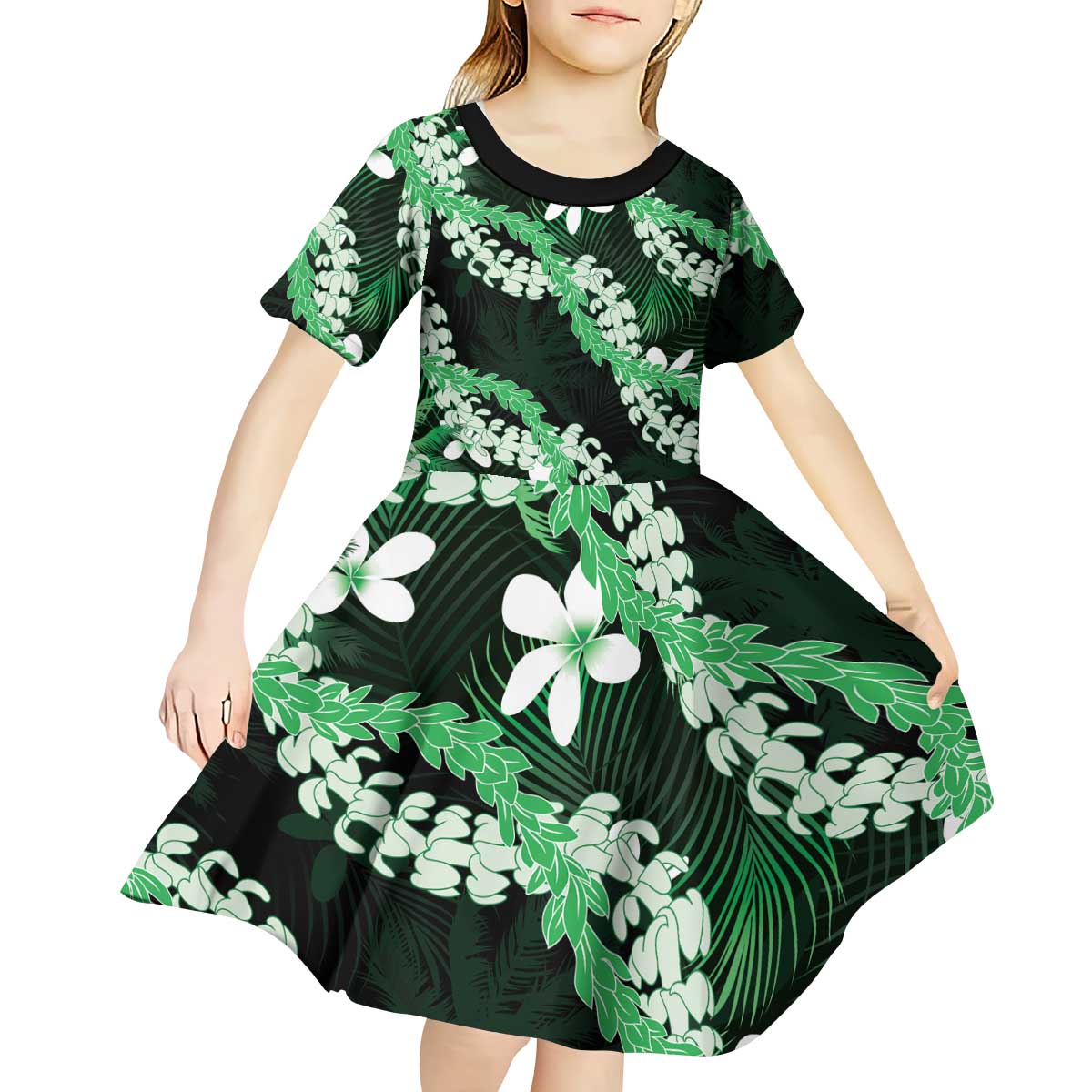 Puakenikeni Maile Lei Kid Short Sleeve Dress Frangipani Green Tropical Leaves