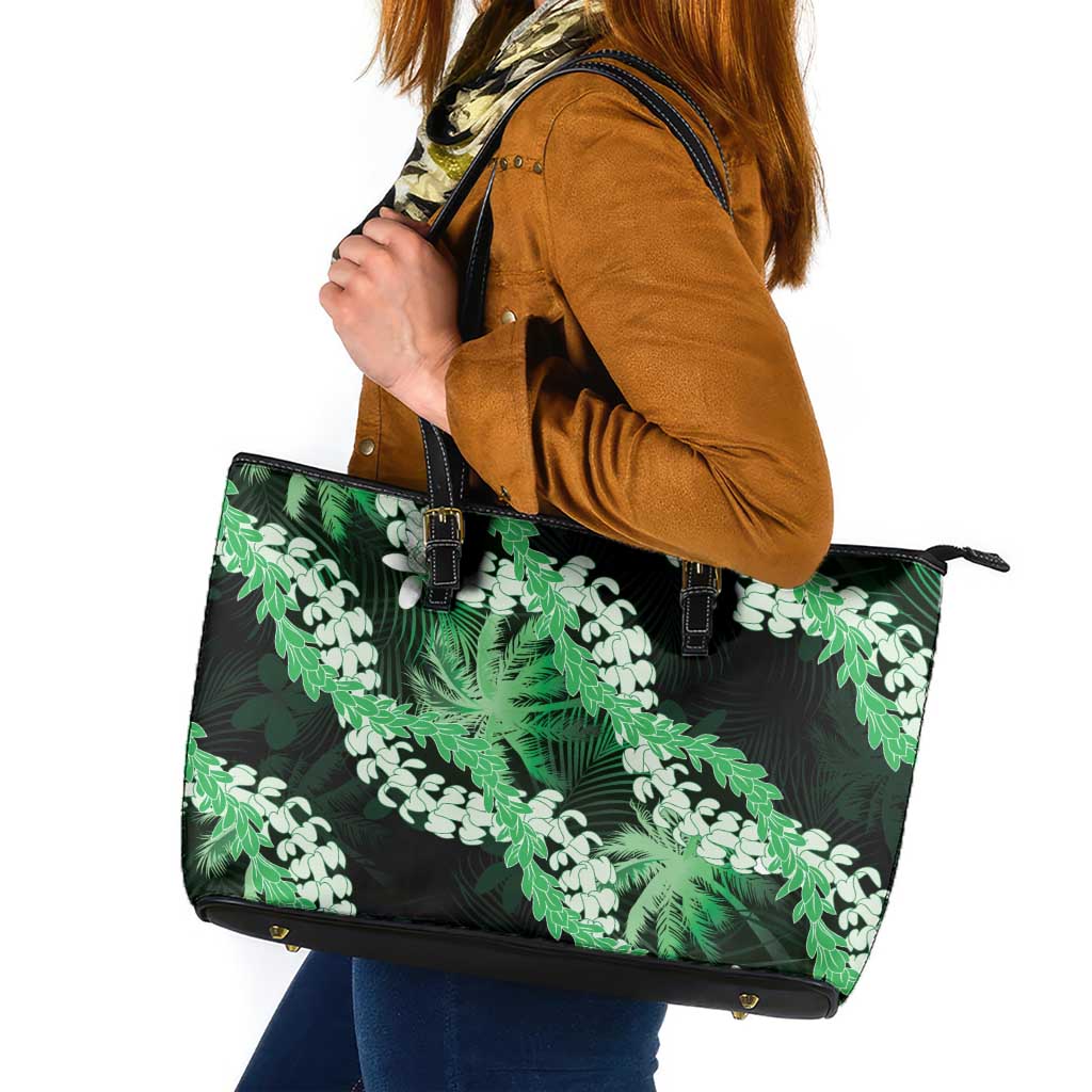 Puakenikeni Maile Lei Leather Tote Bag Frangipani Green Tropical Leaves