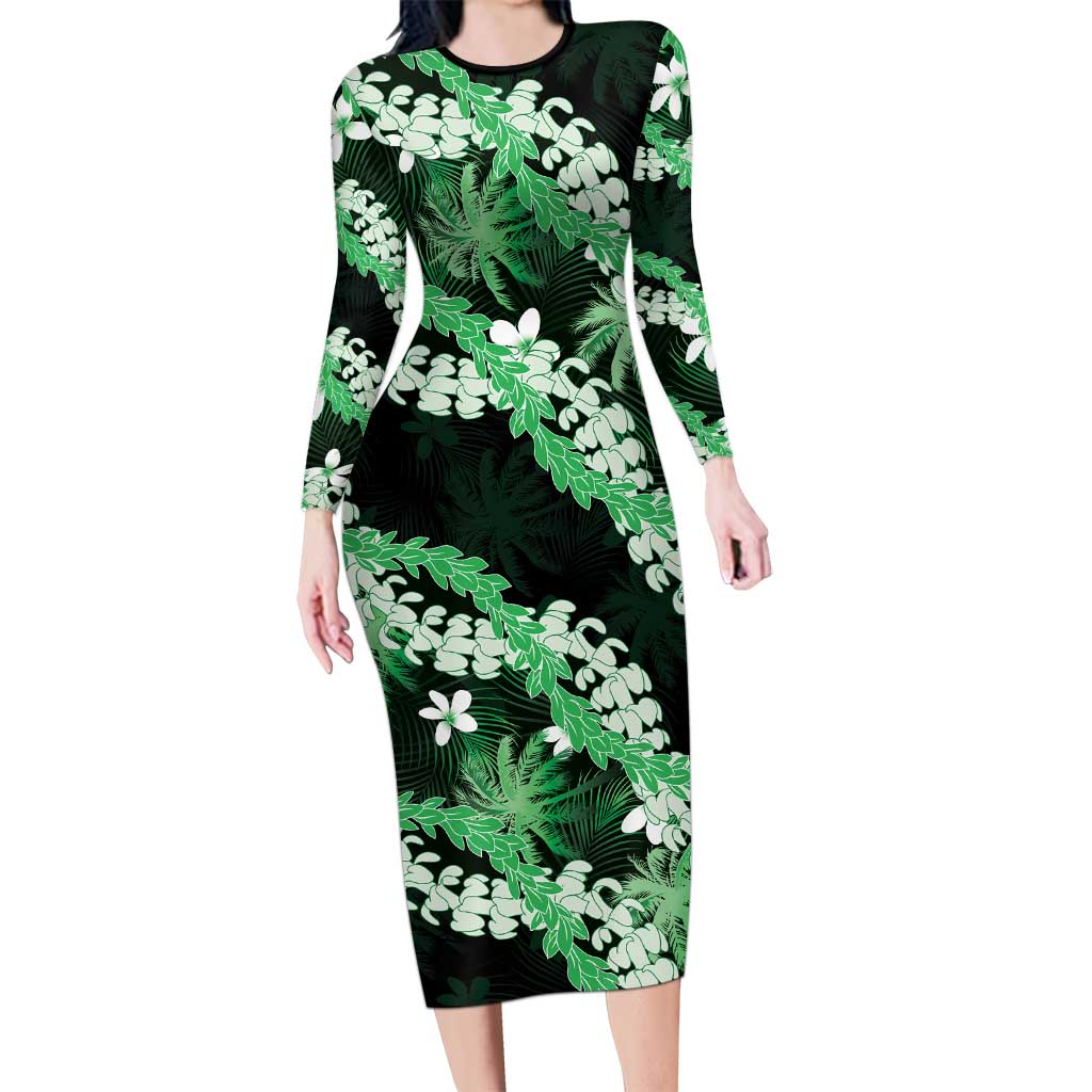 Puakenikeni Maile Lei Long Sleeve Bodycon Dress Frangipani Green Tropical Leaves