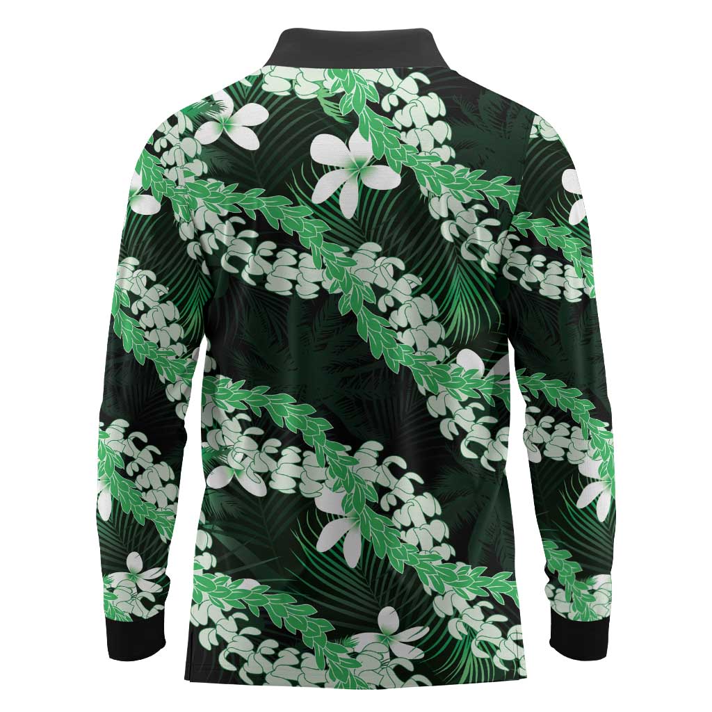 Puakenikeni Maile Lei Long Sleeve Polo Shirt Frangipani Green Tropical Leaves