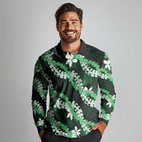 Puakenikeni Maile Lei Long Sleeve Polo Shirt Frangipani Green Tropical Leaves