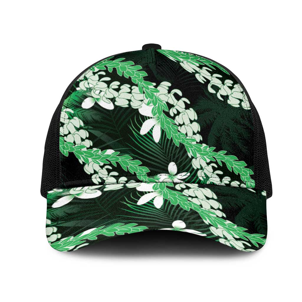 Puakenikeni Maile Lei Mesh Trucker Cap Frangipani Green Tropical Leaves