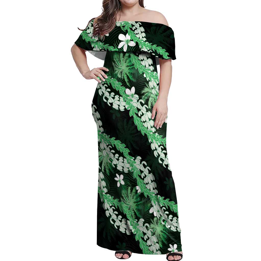 Puakenikeni Maile Lei Off Shoulder Maxi Dress Frangipani Green Tropical Leaves LT01 Women Green - Polynesian Pride