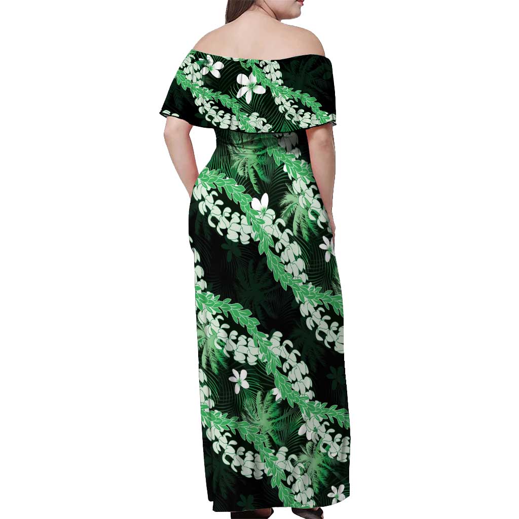 Puakenikeni Maile Lei Off Shoulder Maxi Dress Frangipani Green Tropical Leaves LT01 - Polynesian Pride