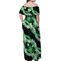 Puakenikeni Maile Lei Off Shoulder Maxi Dress Frangipani Green Tropical Leaves LT01 - Polynesian Pride