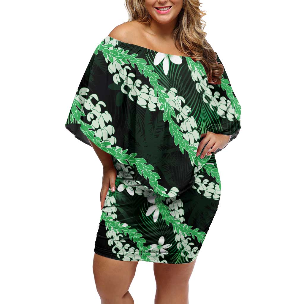 Puakenikeni Maile Lei Off Shoulder Short Dress Frangipani Green Tropical Leaves