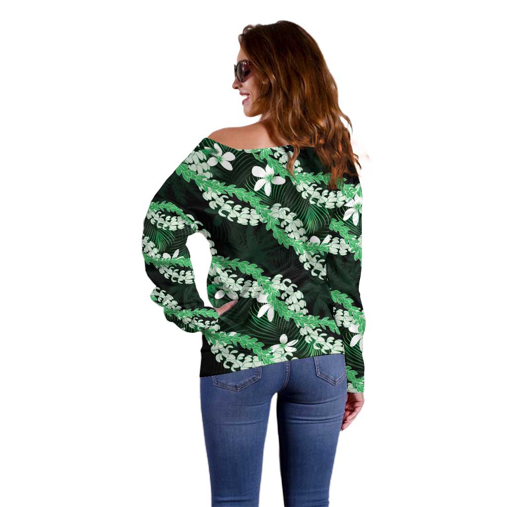 Puakenikeni Maile Lei Off Shoulder Sweater Frangipani Green Tropical Leaves