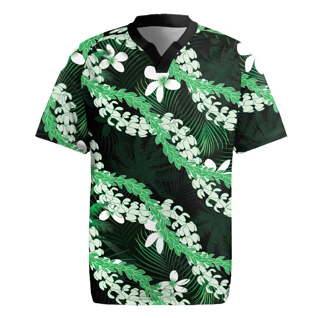 Puakenikeni Maile Lei Rugby Jersey Frangipani Green Tropical Leaves
