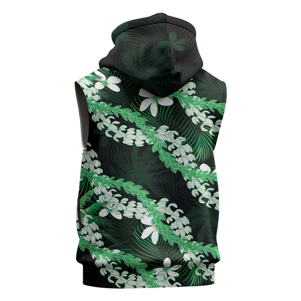 Puakenikeni Maile Lei Sleeveless Hoodie Frangipani Green Tropical Leaves