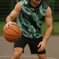 Puakenikeni Maile Lei Sleeveless Hoodie Frangipani Green Tropical Leaves