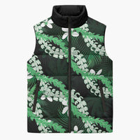Puakenikeni Maile Lei Sleeveless Puffer Jacket Frangipani Green Tropical Leaves