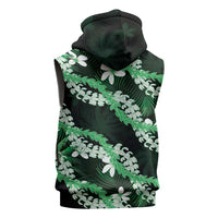 Puakenikeni Maile Lei Sleeveless Zip Hoodie Frangipani Green Tropical Leaves