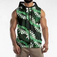 Puakenikeni Maile Lei Sleeveless Zip Hoodie Frangipani Green Tropical Leaves
