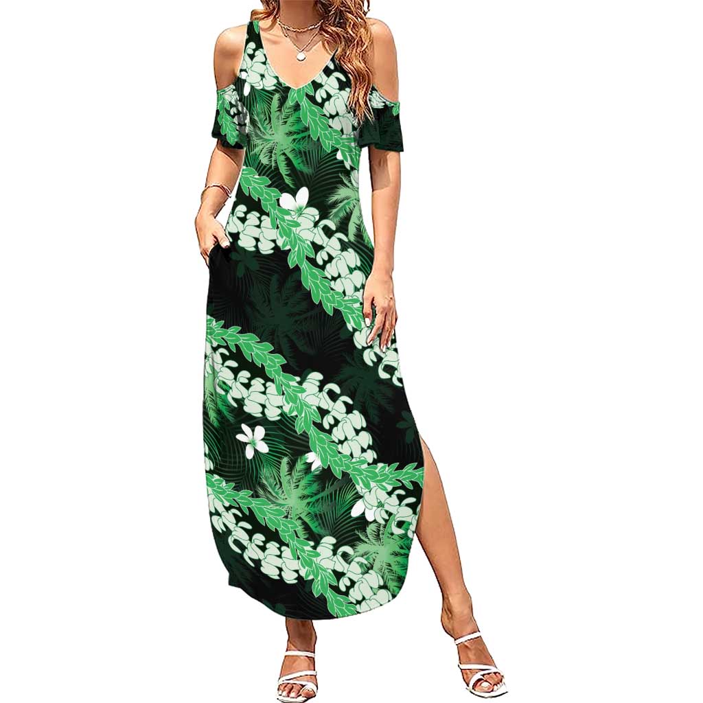 Puakenikeni Maile Lei Summer Maxi Dress Frangipani Green Tropical Leaves