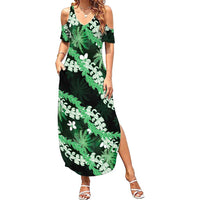Puakenikeni Maile Lei Summer Maxi Dress Frangipani Green Tropical Leaves