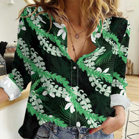 Puakenikeni Maile Lei Women Casual Shirt Frangipani Green Tropical Leaves LT01 Female Green - Polynesian Pride