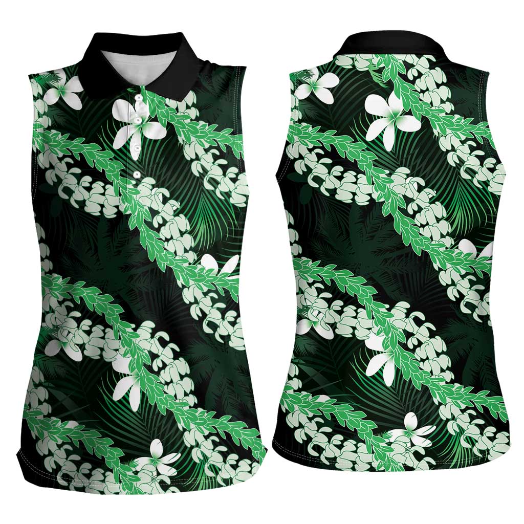 Puakenikeni Maile Lei Women Sleeveless Polo Shirt Frangipani Green Tropical Leaves LT01 - Polynesian Pride