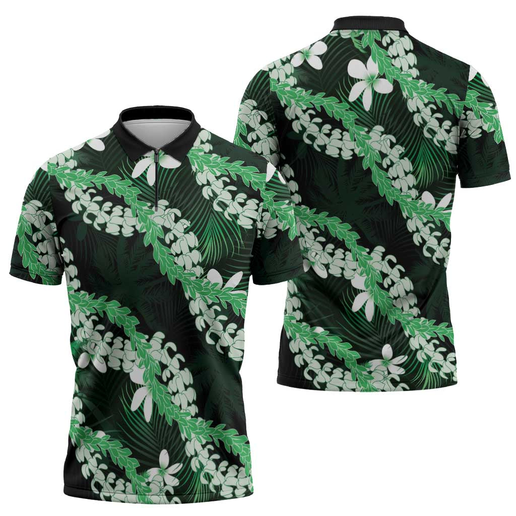 Puakenikeni Maile Lei Zipper Polo Shirt Frangipani Green Tropical Leaves