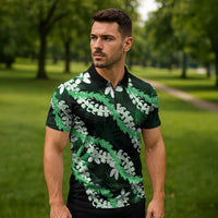 Puakenikeni Maile Lei Zipper Polo Shirt Frangipani Green Tropical Leaves